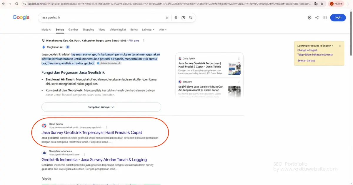 portofolio seo ranking jasa geolistrik rakitawebsite