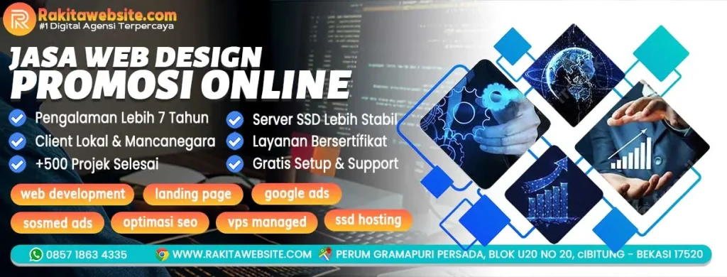 Banner promo jasa web design, digital marketing, dan hosting dari Rakitawebsite