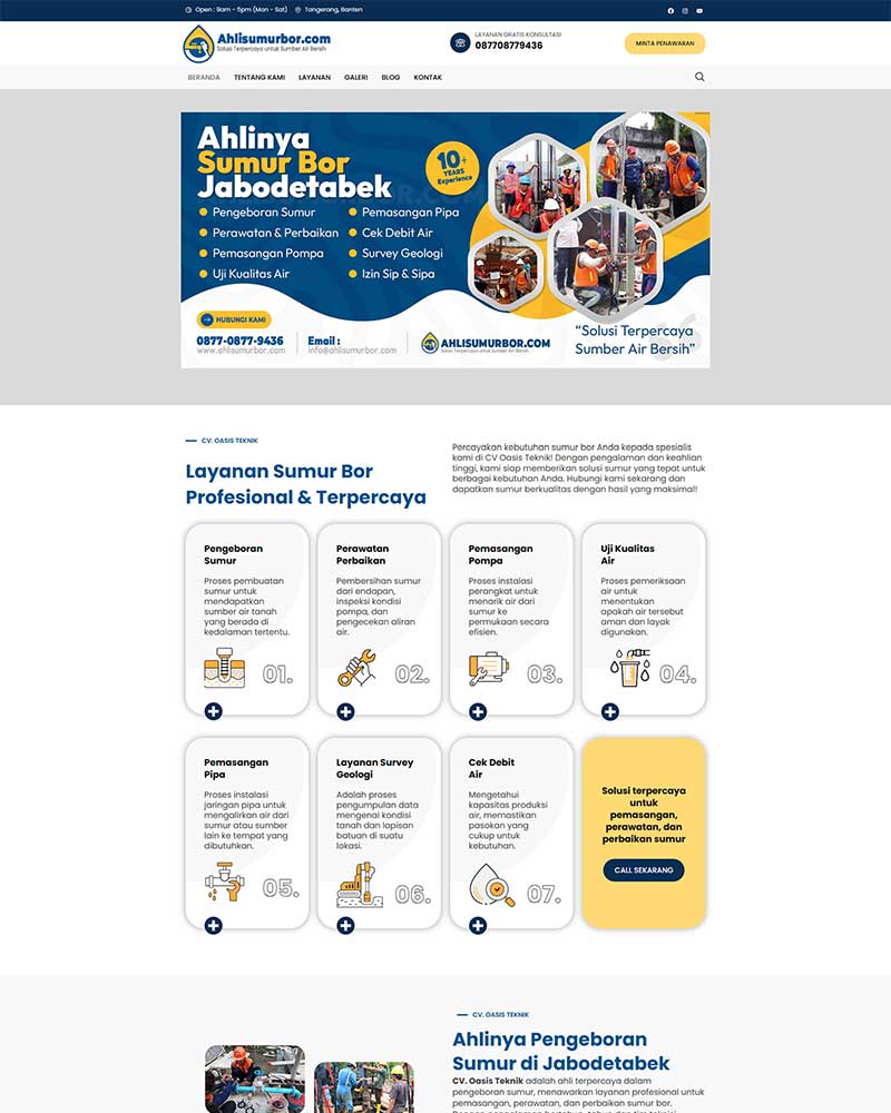 Jasa pembuatan website Serang oleh Rakitaweb, menampilkan portofolio website ahlisumurbor.com milik PT Oasis Teknik Engineering dengan desain modern dan fitur SEO friendly.