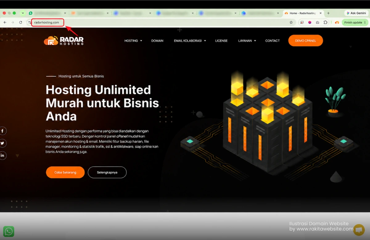 Contoh domain radarhosting.com pada address bar browser dengan penanda merah.