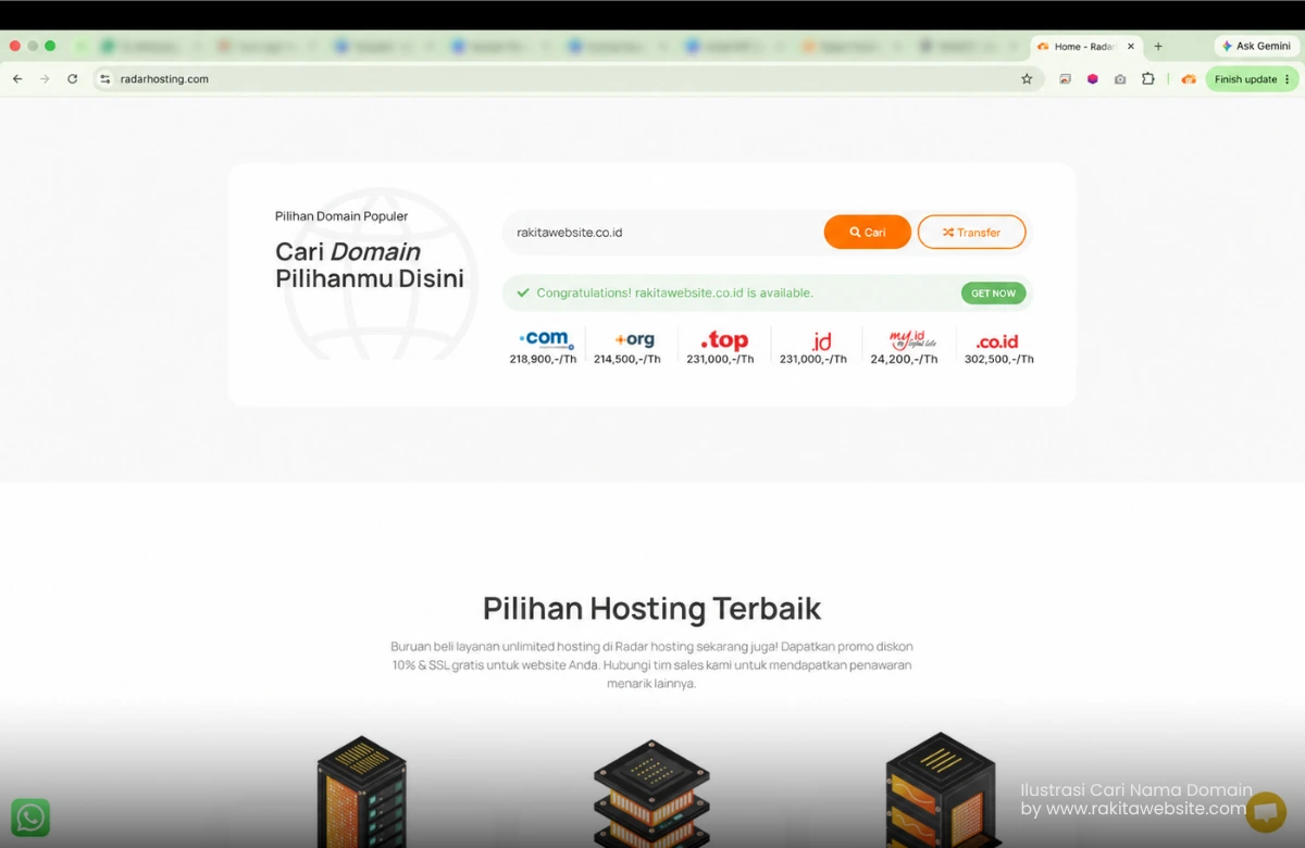 Pengecekan ketersediaan nama domain melalui fitur pencarian Radar Hosting.