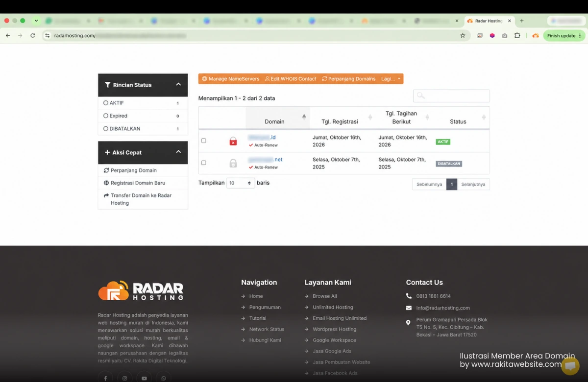 Member area Radar Hosting untuk mengelola domain, tanggal registrasi, dan perpanjangan.