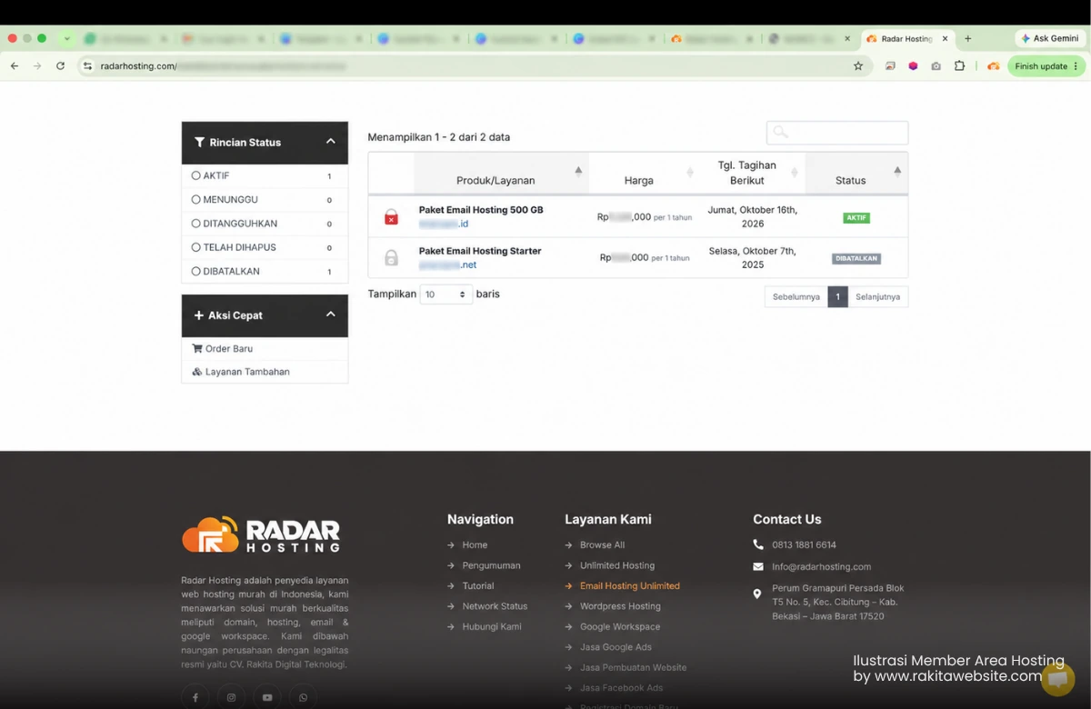 Daftar layanan email hosting beserta status dan jadwal tagihan pada member area Radar Hosting.