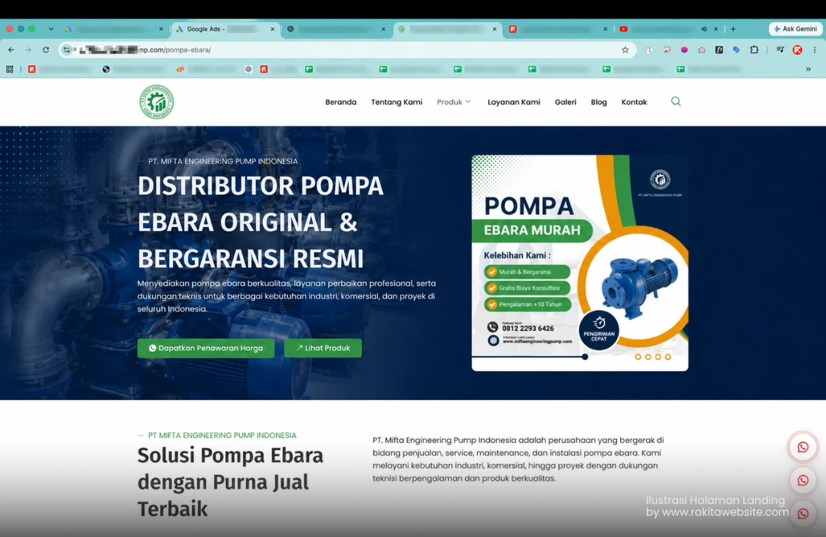 Contoh landing page produk pompa sebagai halaman tujuan Google Ads