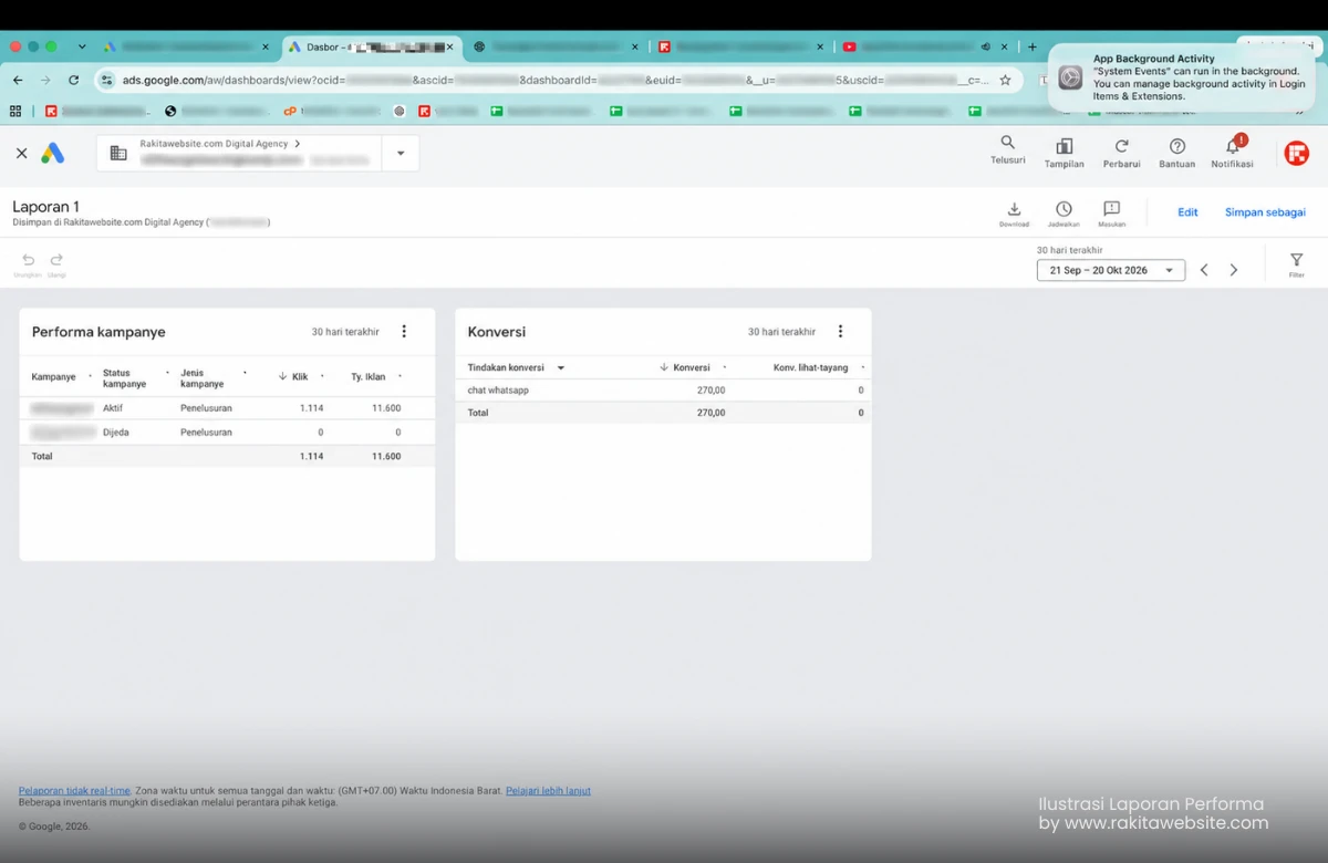 Laporan performa kampanye dan konversi WhatsApp di Google Ads