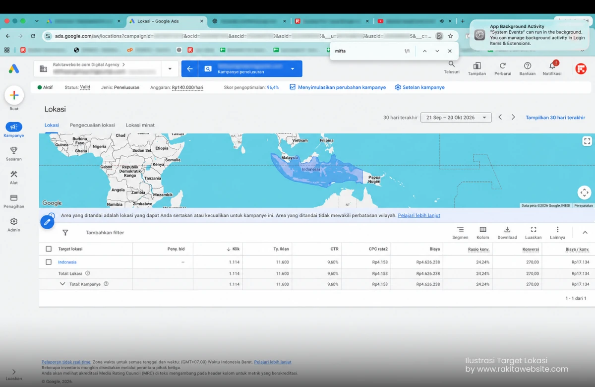 Pengaturan target lokasi Indonesia pada kampanye Google Ads