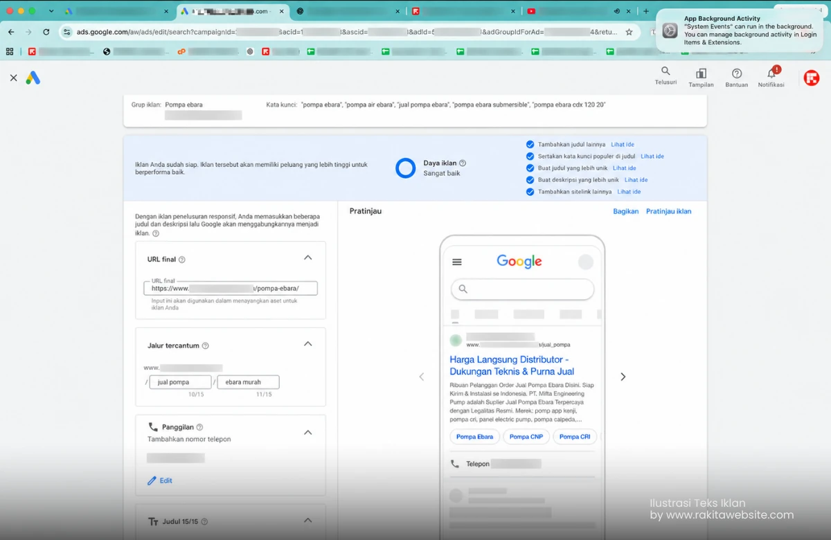 Pratinjau iklan penelusuran Google Ads untuk produk pompa